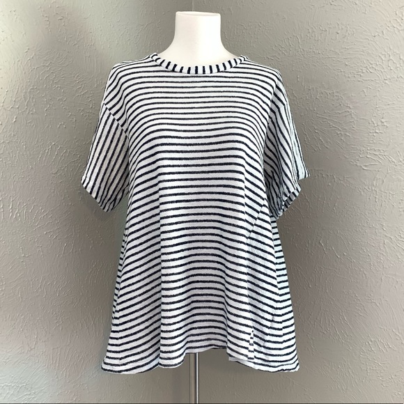 Pleione Stripe Knit Hi-Lo Tee (medium) Navy/Cream - Picture 2 of 8